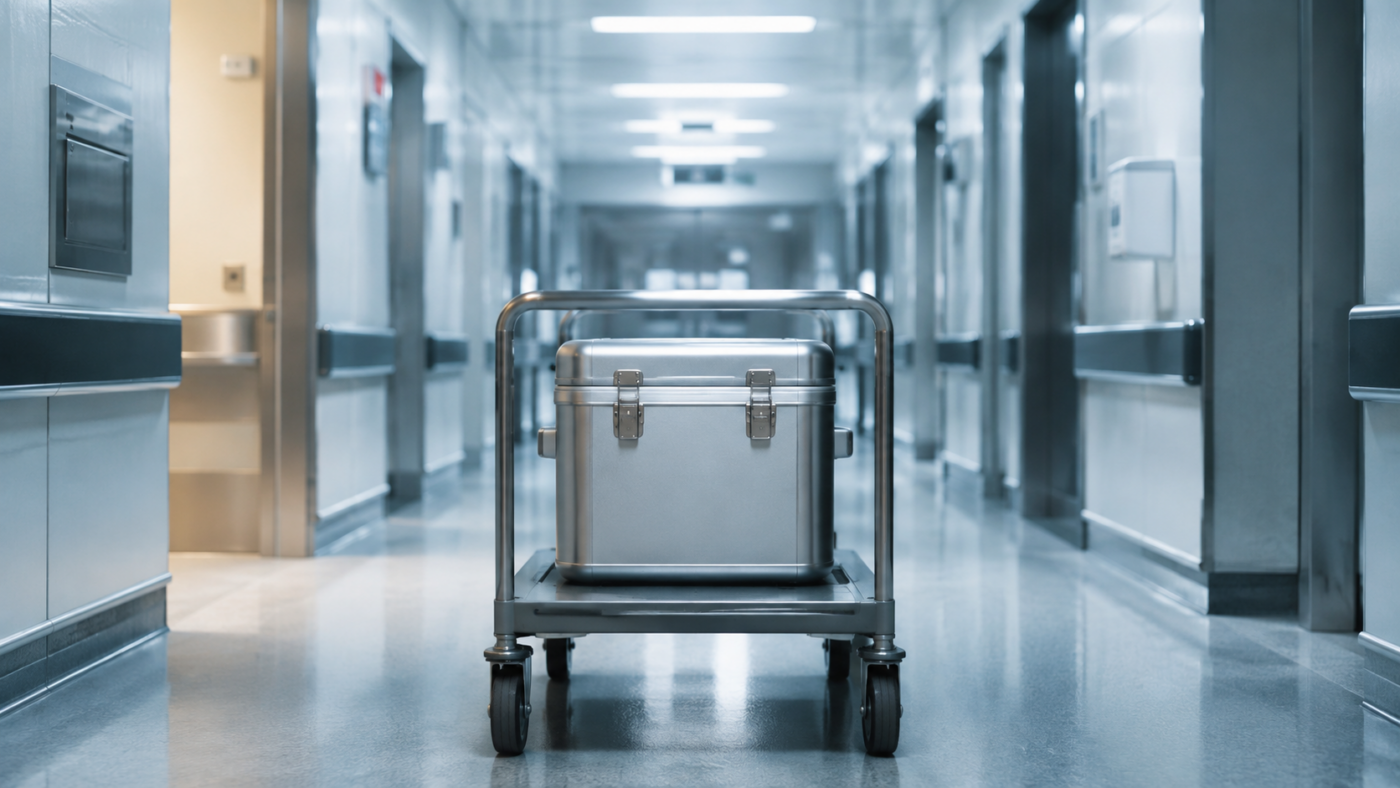Un conteneur métallique de transport d’organe posé sur un chariot, dans un couloir d’hôpital vide.