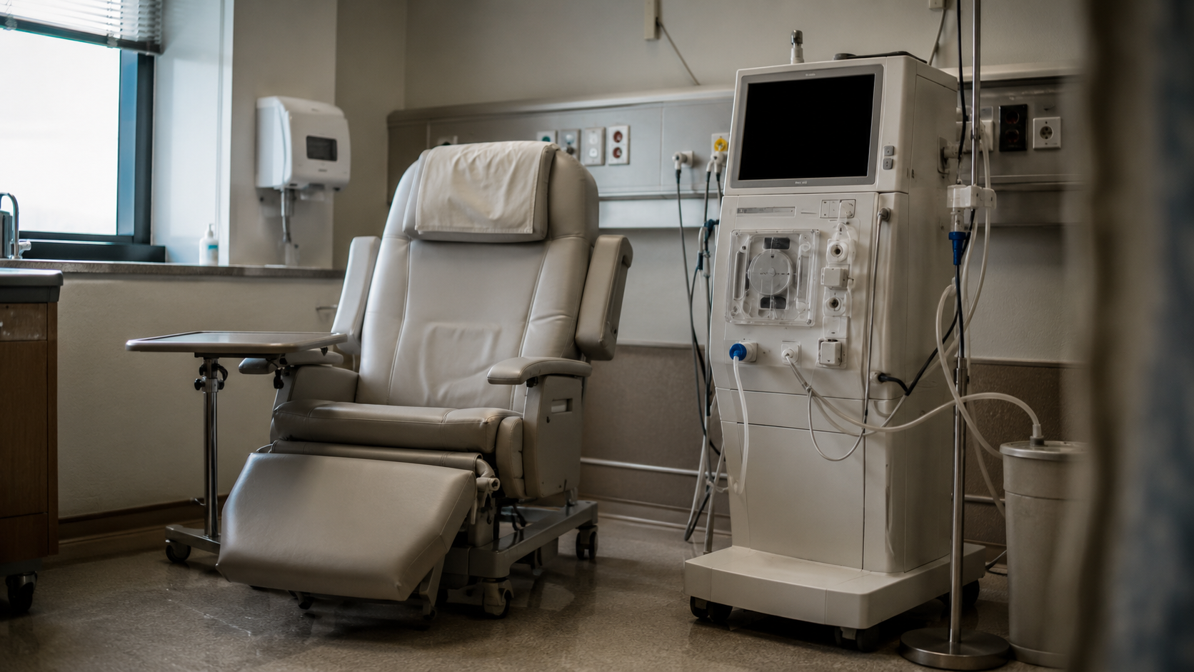 Un fauteuil de soin vide à côté d’une machine d’hémodialyse éteinte, dans une salle déserte.
