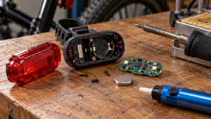 Un feu arrière de vélo ouvert sur un établi en bois, sa carte électronique et sa cellule ronde posées à côté d’un fer à souder et d’une pompe à dessouder.