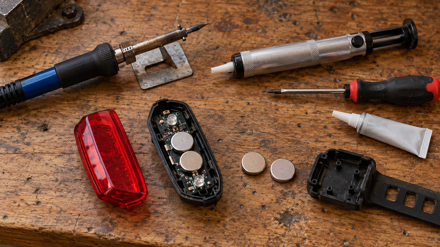 Vue de dessus d’un fer à souder, d’une pompe à dessouder, d’un tournevis, d’un tube de colle silicone et de deux cellules rondes plates.