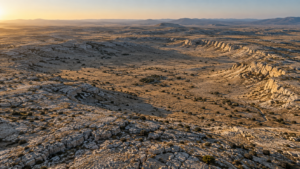 Plaine calcaire aride vue d’avion, traversée par une large dépression peu profonde rendue visible par une lumière rasante et de longues ombres