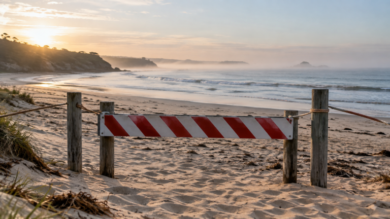 Plage australienne déserte au matin, barrière de fermeture plantée dans le sable devant une mer calme.