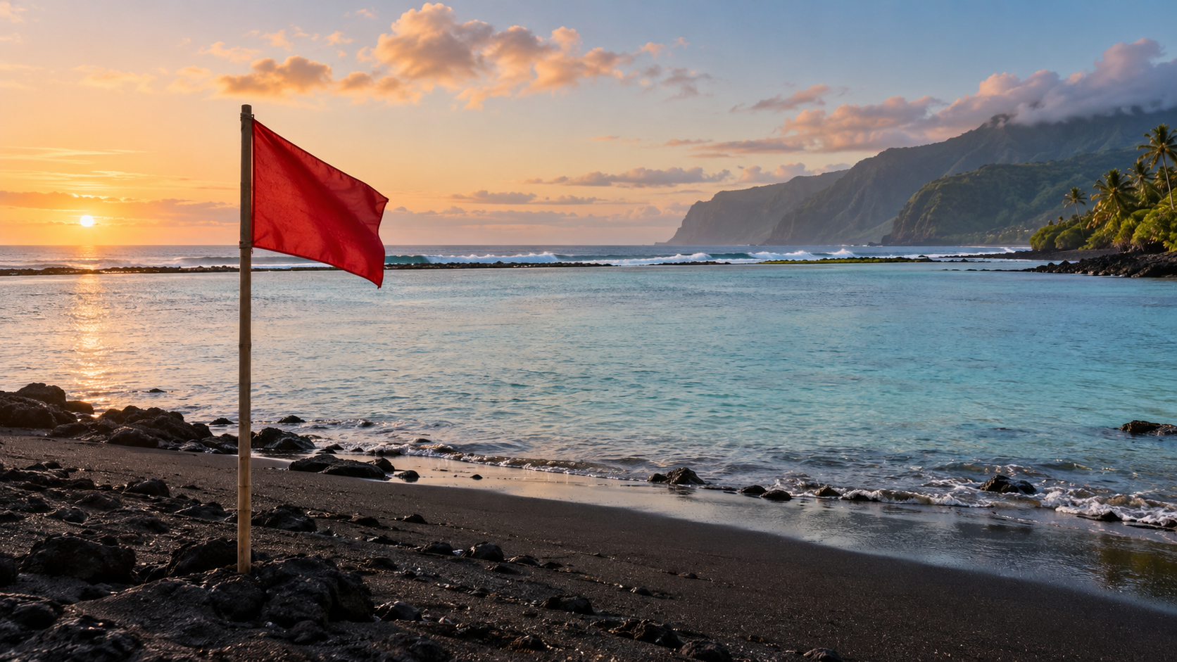 Lagon tropical à l'aube derrière une barrière de corail, drapeau rouge sur un mât planté dans le sable volcanique.