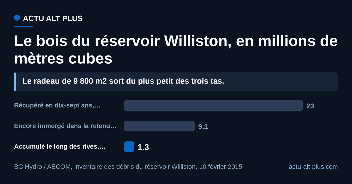 L’île de l’été 2026 a été prélevée sur le plus petit des trois volumes, celui qui s’accumule contre les rives. Limite : les deux stocks historiques sont donnés en fourchette par l’inventaire (23 à 29,4 millions récupérés, 9,1 à 18 encore immergés) ; ce sont les bornes basses qui sont représentées.