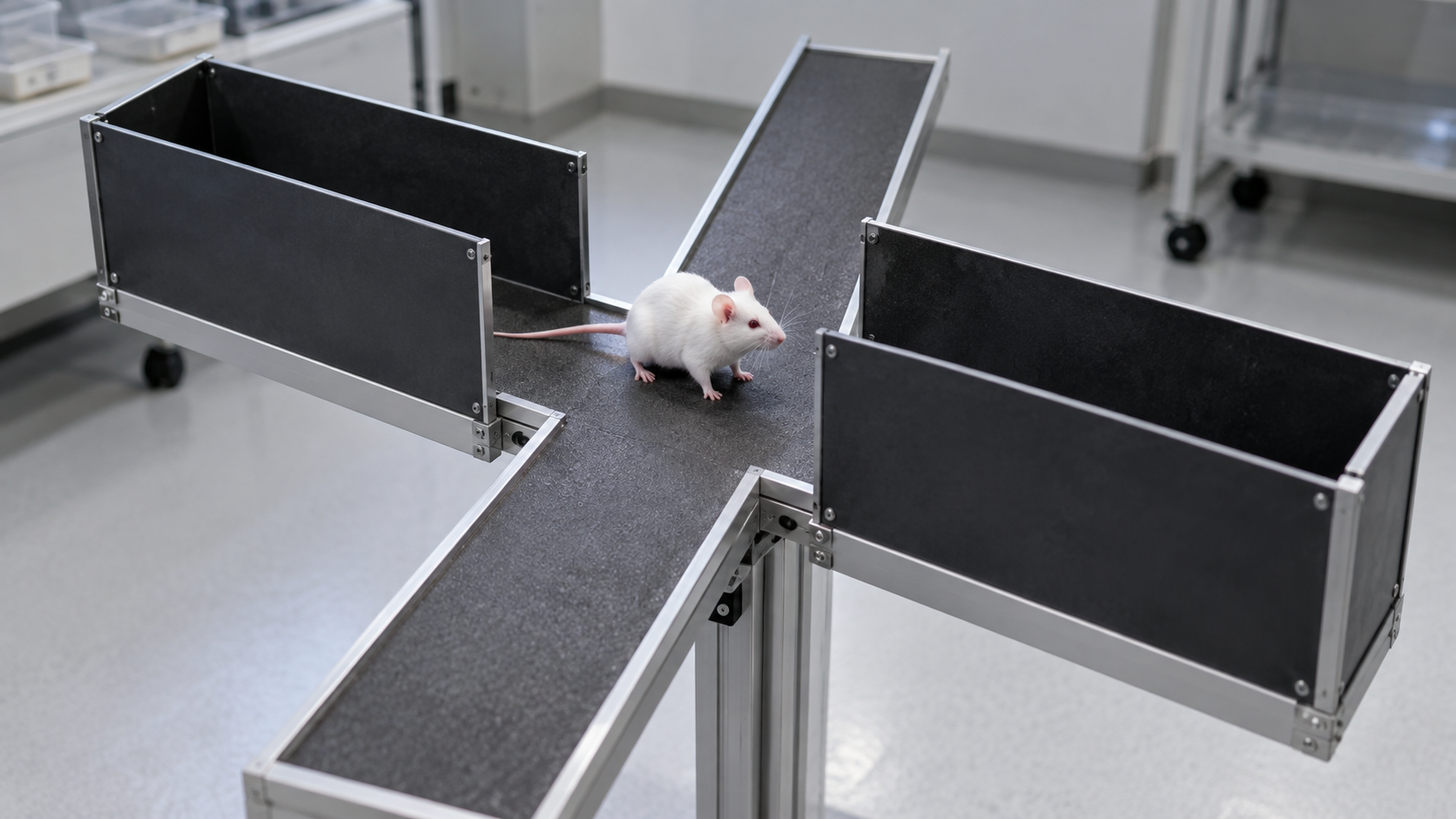 Une petite souris blanche au croisement d’une plateforme surélevée en croix, deux bras fermés par des parois et deux bras ouverts.
