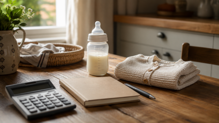 Calculatrice, carnet, stylo, biberon et petit gilet plié posés sur une table de cuisine en bois éclairée par la fenêtre.