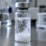 Poudre cristalline blanche se formant dans un flacon de verre sur une paillasse de laboratoire.