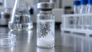Poudre cristalline blanche se formant dans un flacon de verre sur une paillasse de laboratoire.