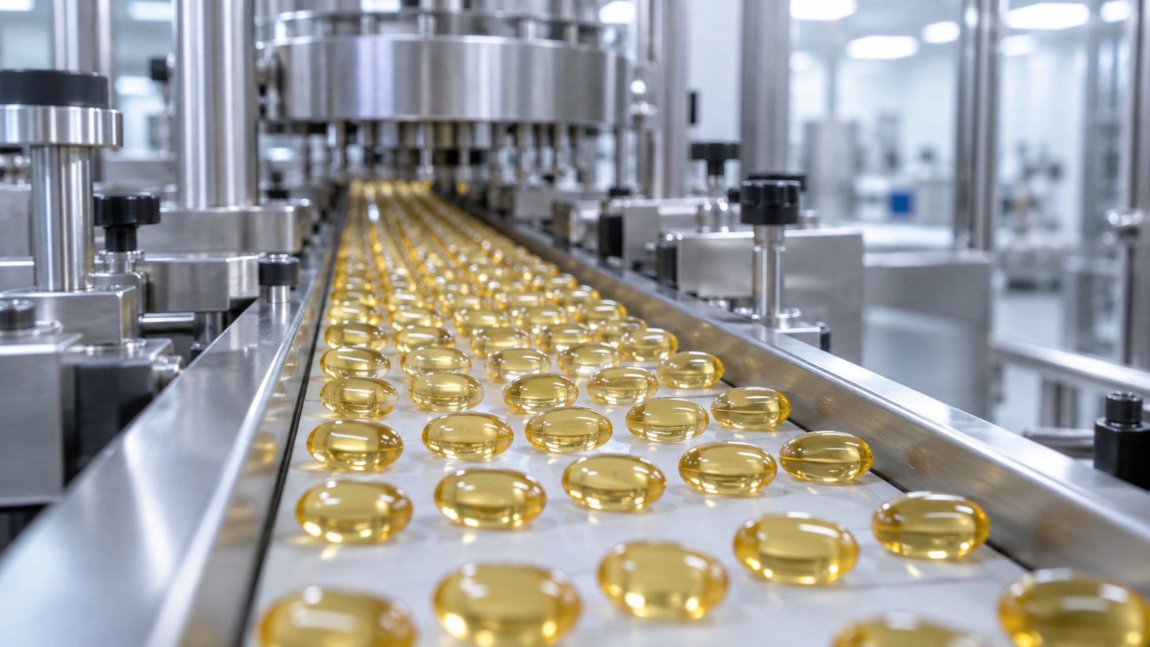 Capsules molles alignées sur un convoyeur dans une salle blanche pharmaceutique.