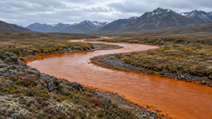 Une rivière arctique couleur rouille serpente dans une vallée de toundra sans arbres, au pied de montagnes basses.