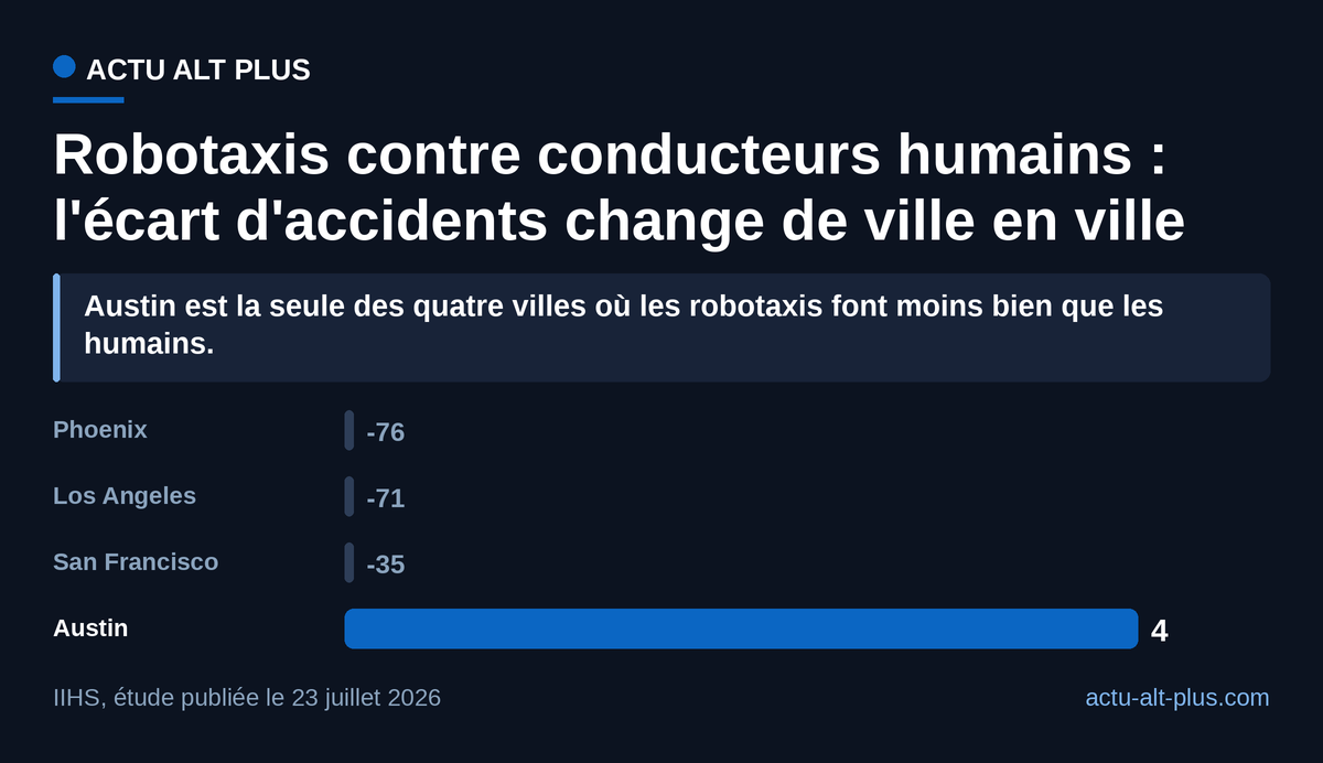 L'avantage des véhicules sans conducteur va de 76 % d'accidents en moins à Phoenix à 4 % de plus à Austin : la même technologie ne donne pas le même résultat selon la ville. Limite de méthode : l'échantillon d'Austin est petit, et seuls les accidents déclarables à la police sont comptés.