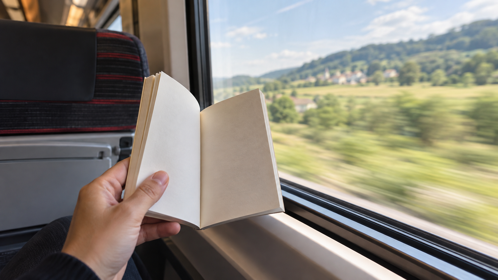 Main tenant un roman broché très fin, ouvert, dans un train dont la fenêtre laisse défiler une campagne floue.