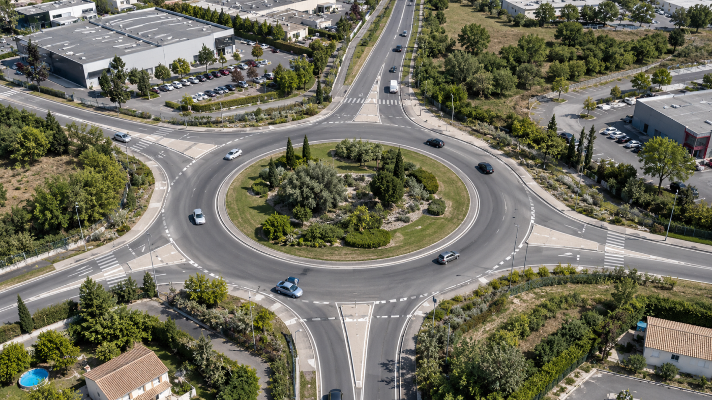 Vue aérienne d’un grand rond-point de zone périurbaine avec son îlot central végétalisé et ses quatre routes d’accès.
