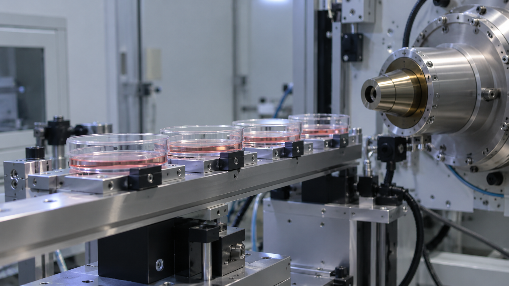 Boîtes de culture alignées sur un support devant la buse d’un faisceau, dans un laboratoire d’irradiation.