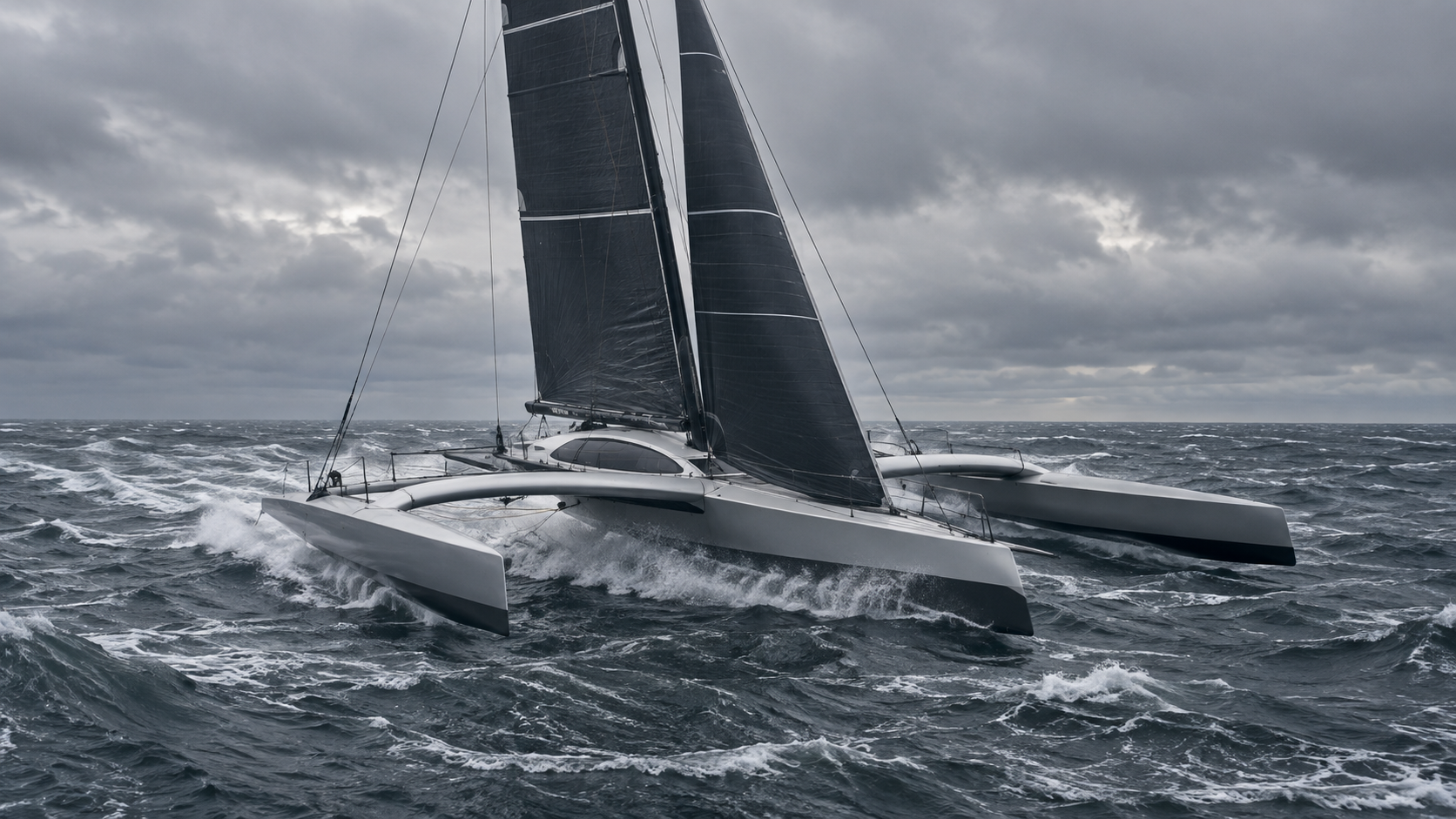 Un grand trimaran de course file seul sur une mer grise et hachée, sous un ciel bas de novembre.