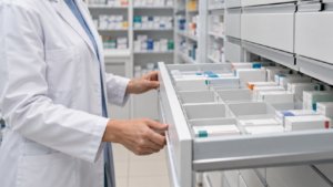 Mains d’un pharmacien en blouse blanche refermant un tiroir de rangement où plusieurs emplacements de boîtes sont vides.