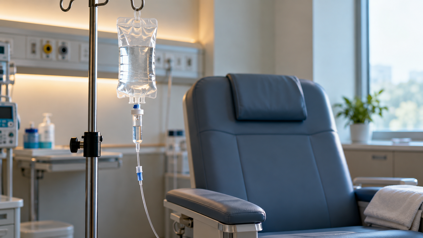 Poche de perfusion suspendue à un pied à sérum, à côté d’un fauteuil de traitement vide dans une salle de soins.