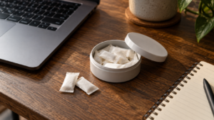 Petite boîte ronde ouverte posée sur un bureau en bois, à côté d’un clavier d’ordinateur portable et d’un carnet.