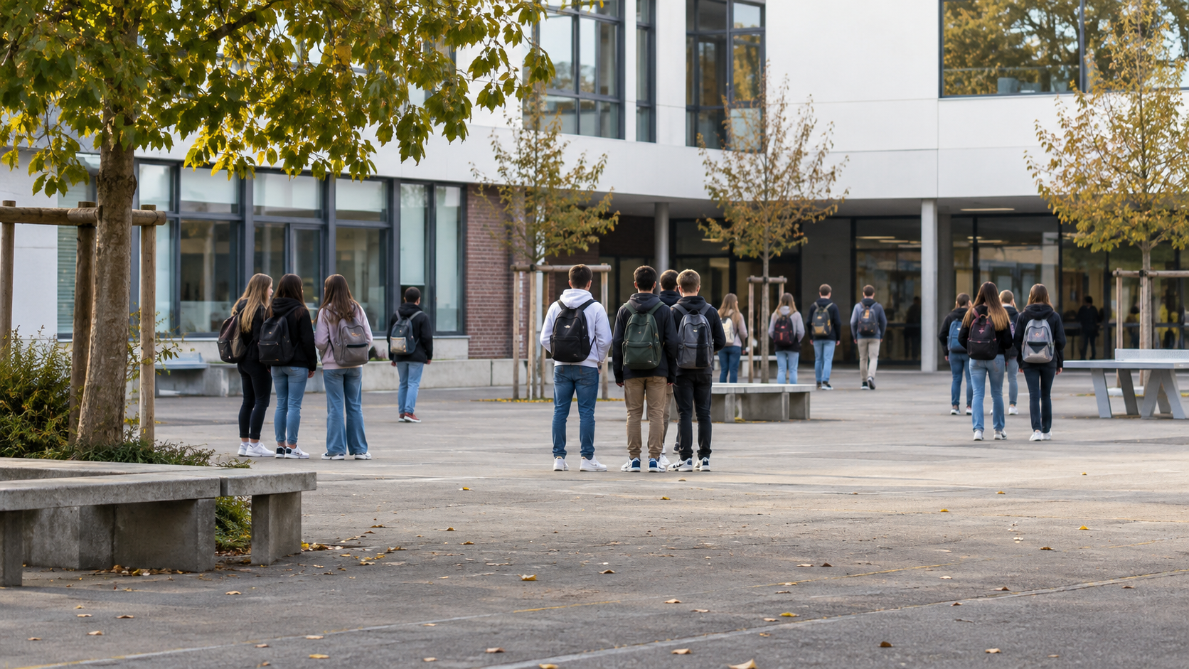 Adolescents vus de dos, à distance, dans une cour de récréation à l’heure de la pause.