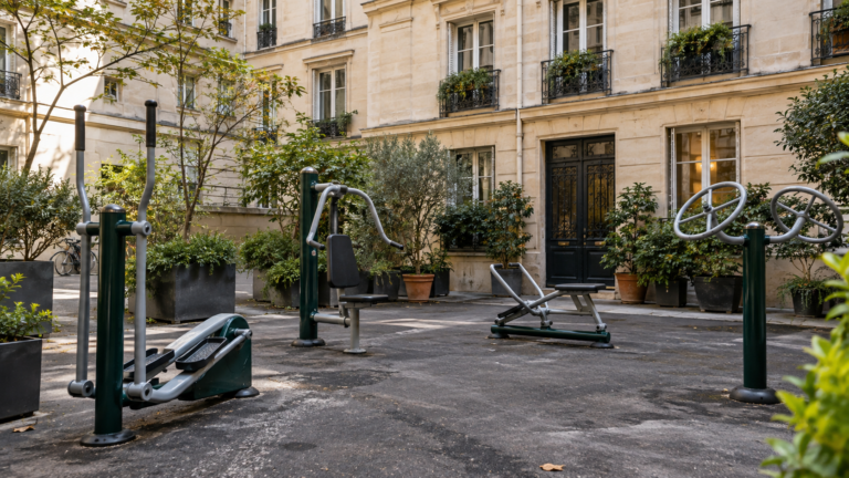 Quatre appareils de musculation d’extérieur installés sur le bitume d’une cour d’immeuble parisien, sous de hautes fenêtres.