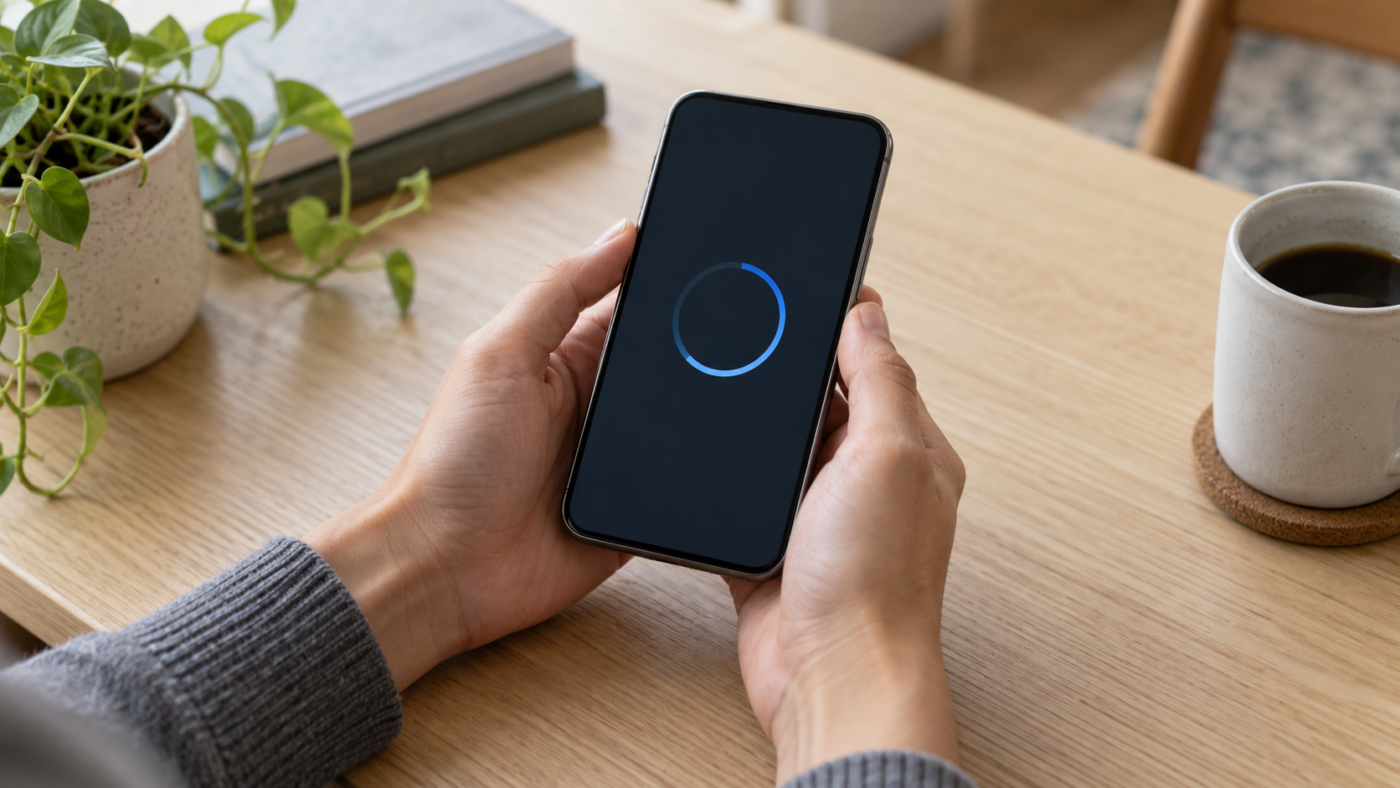 Deux mains tiennent un smartphone dont l’écran affiche un cercle de progression bleu de mise à jour, au-dessus d’une table en bois clair.