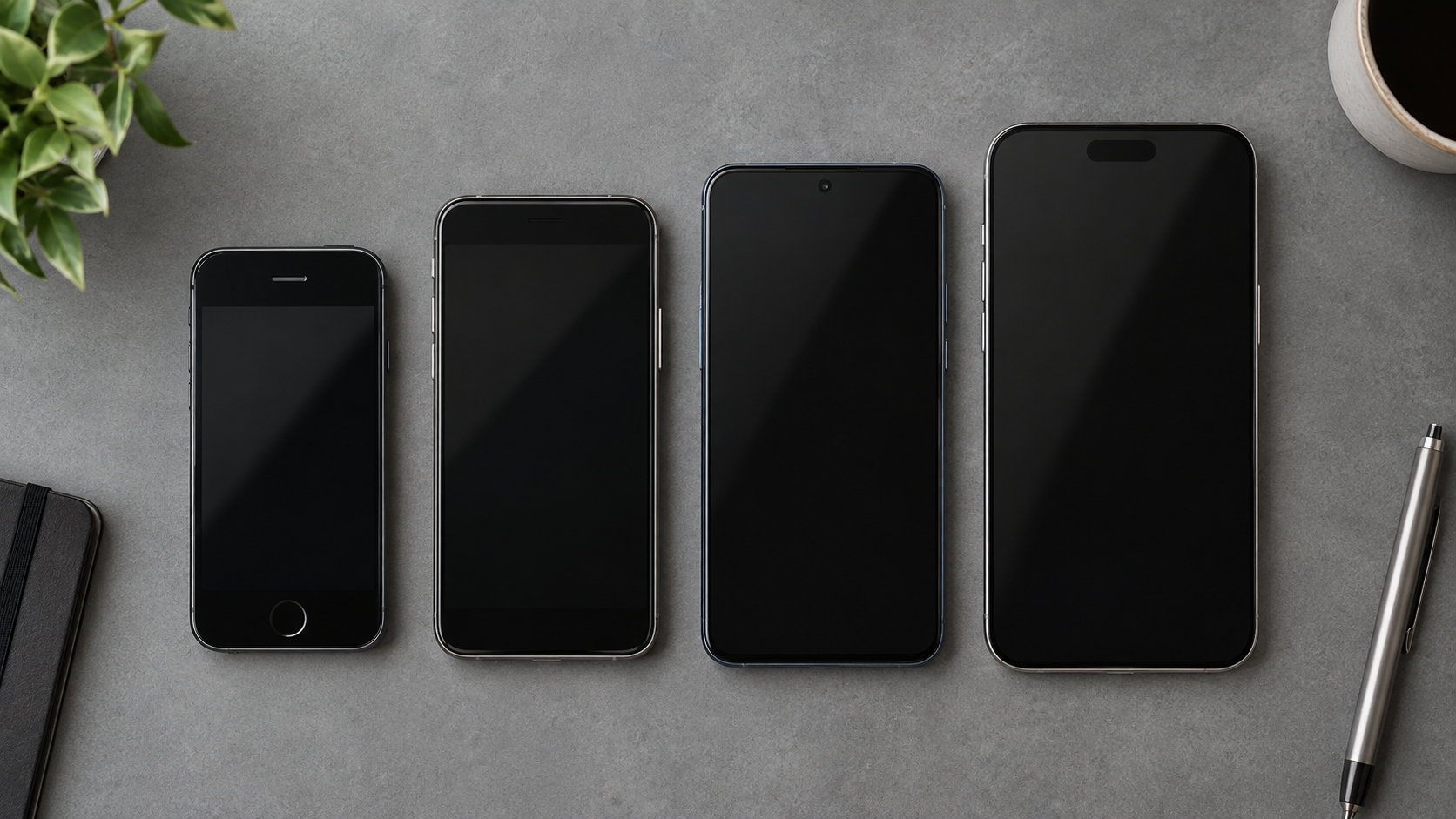 Quatre smartphones d’âges différents alignés côte à côte sur un bureau gris, écrans éteints, vus du dessus.