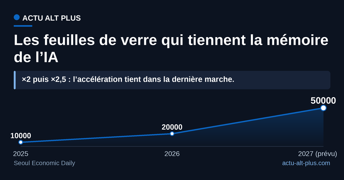 La consommation de supports en verre de Samsung passe de 10 000 à 50 000 feuilles par mois en trois ans : c’est elle qui trahit le doublement de la production HBM4. Chiffres de volumes de nettoyage sous-traités, attribués à des sources industrielles et non à un document公 de l’entreprise.
