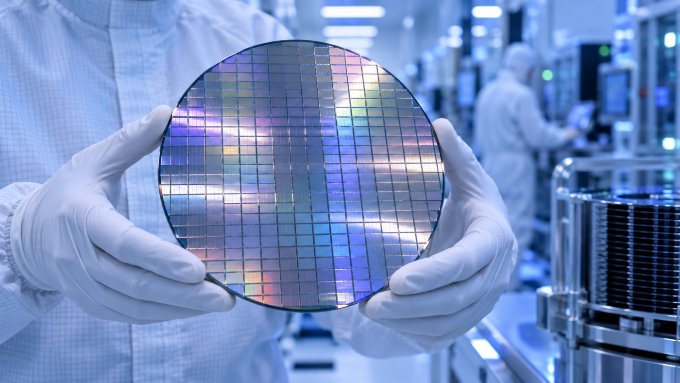 Des mains gantées tiennent une galette de silicium circulaire dans une salle blanche éclairée de bleu.