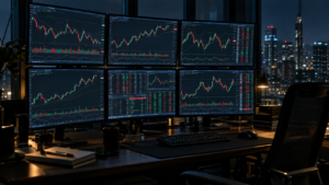 Poste de trading désert la nuit, six écrans affichant des courbes de cours rouges et vertes.