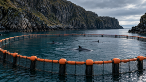 Enclos marin fermé par des filets et des bouées orange dans une baie bordée de falaises sombres.