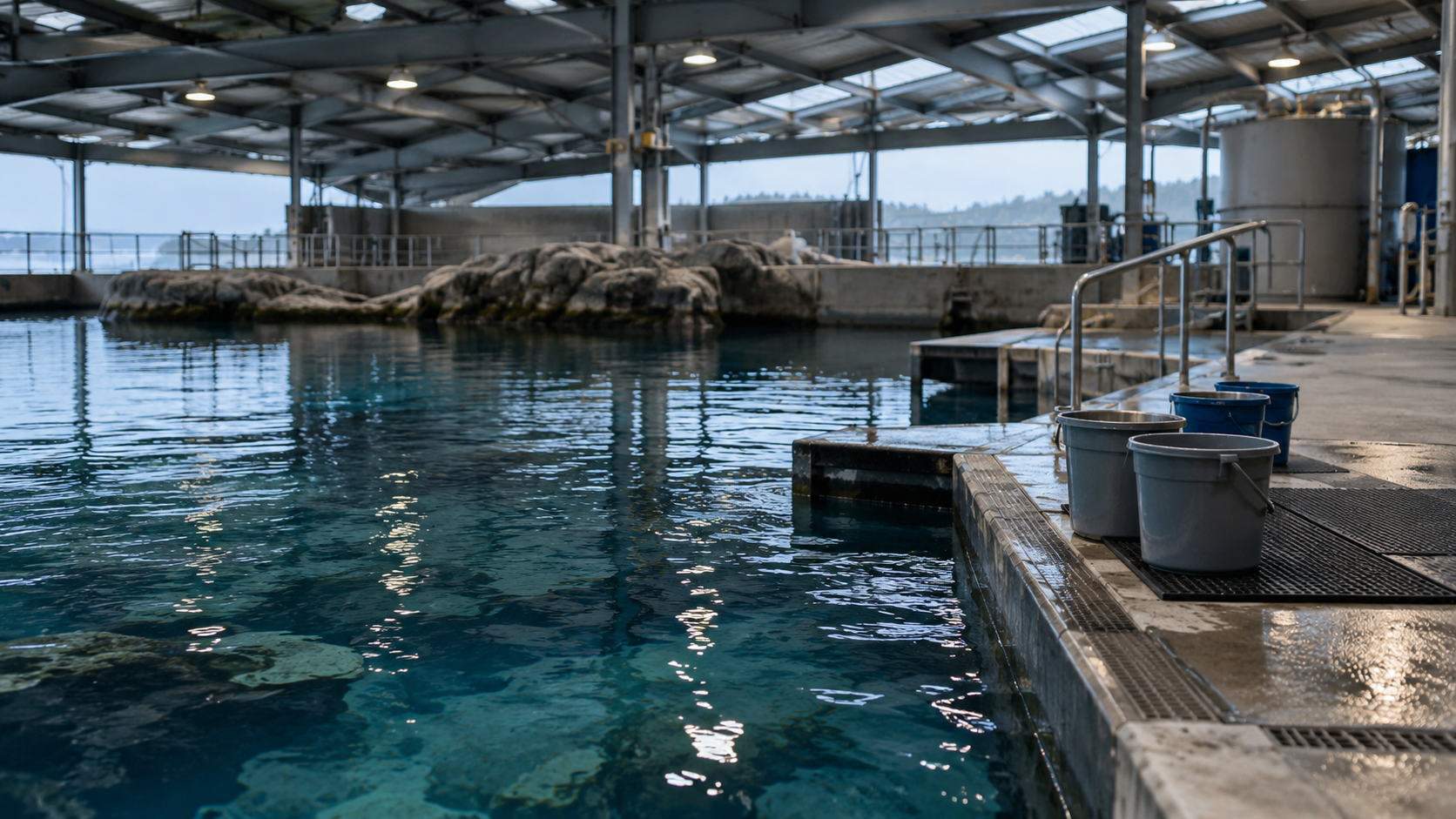 Bassin couvert d'un centre de soins marin, plateforme de soins et seaux posés au bord de l'eau.