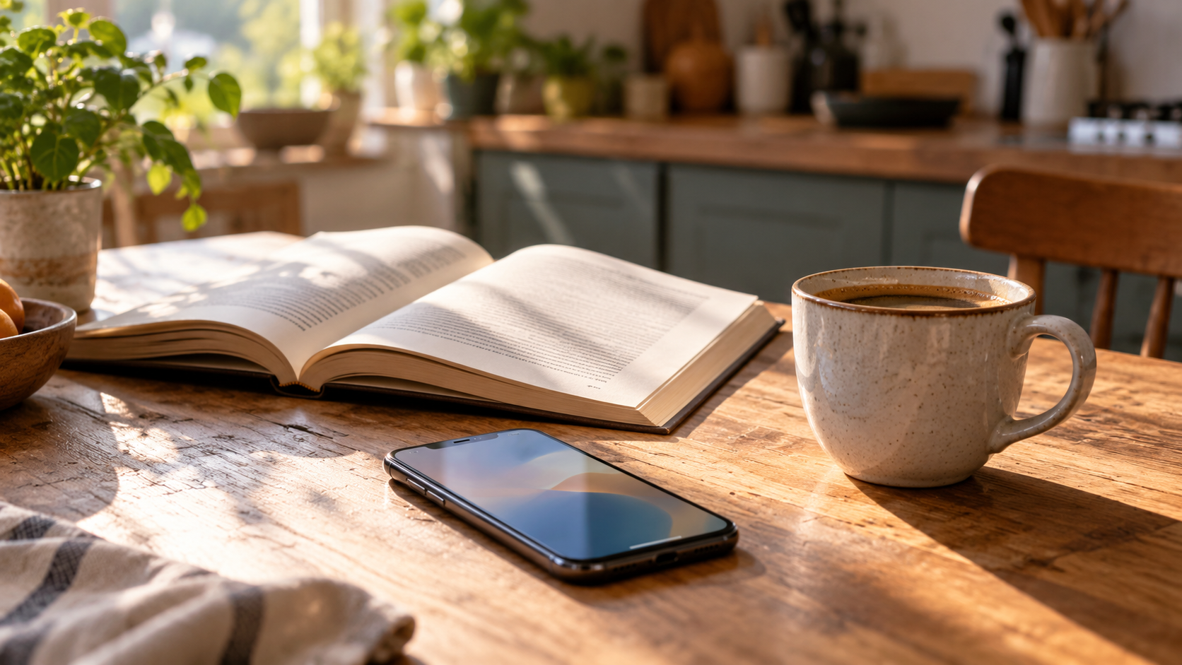 Un téléphone posé sur une table de cuisine à côté d’un volume imprimé ouvert et d’une tasse de café.