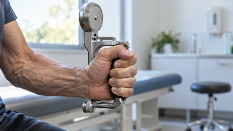 Main d'adulte serrant un dynamomètre métallique, avant-bras contracté, dans une salle de consultation claire.