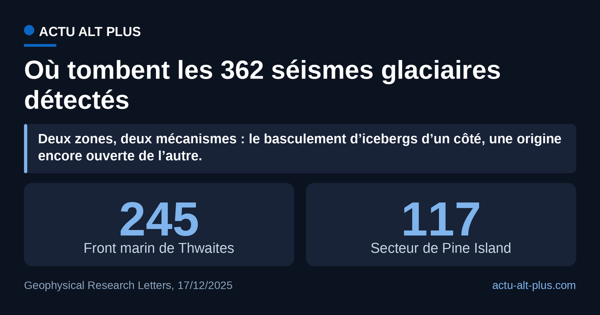 Graphique comparant 245 séismes glaciaires détectés au front marin de Thwaites à 117 dans le secteur de Pine Island, entre 2010 et 2023.