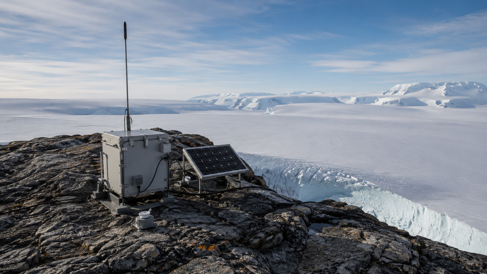 Une petite station sismique polaire posée sur la roche en bordure de la calotte antarctique, avec son mât d’antenne et son panneau solaire