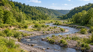 Un fleuve étroit coule au fond d’une vallée normande verdoyante, entre des berges de graviers où repousse une végétation jeune.