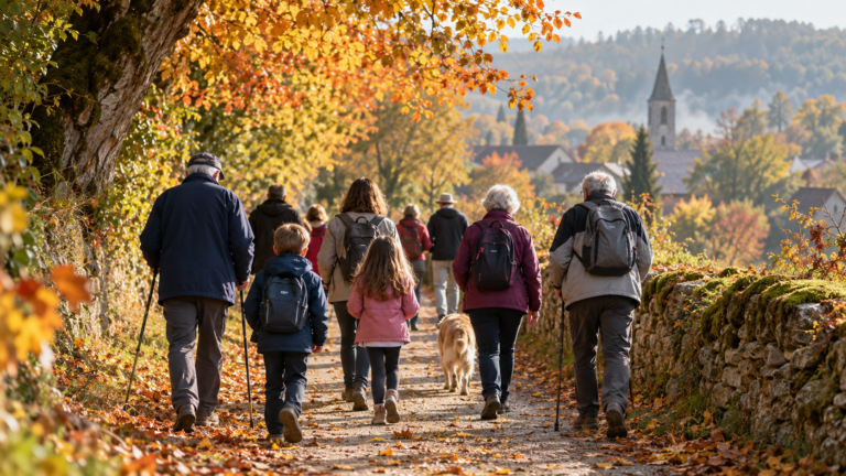Un groupe de tous âges marche ensemble sur un chemin de village un matin d’automne, enfants et personnes âgées côte à côte, vus de dos.