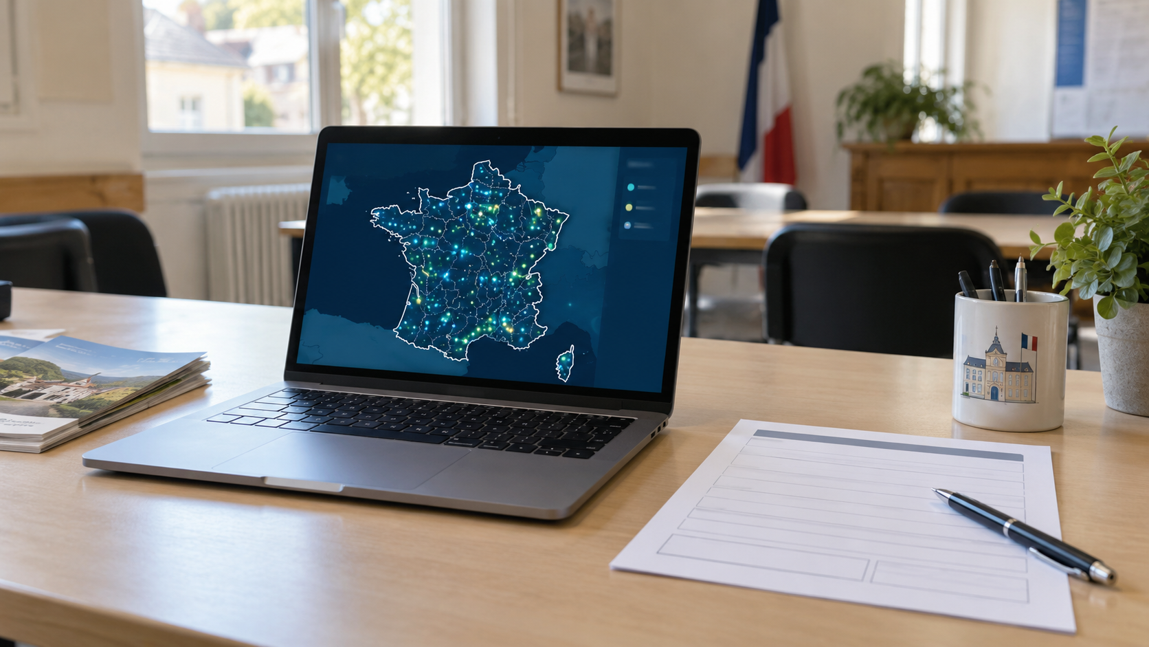 Sur une table de salle communale, un ordinateur portable affiche une carte de France constellée de points, à côté d’un formulaire papier vierge et d’un stylo.