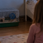 Un serpent brun lové dans l'ombre, derrière une cage à rongeur posée au sol dans une chambre d'enfant