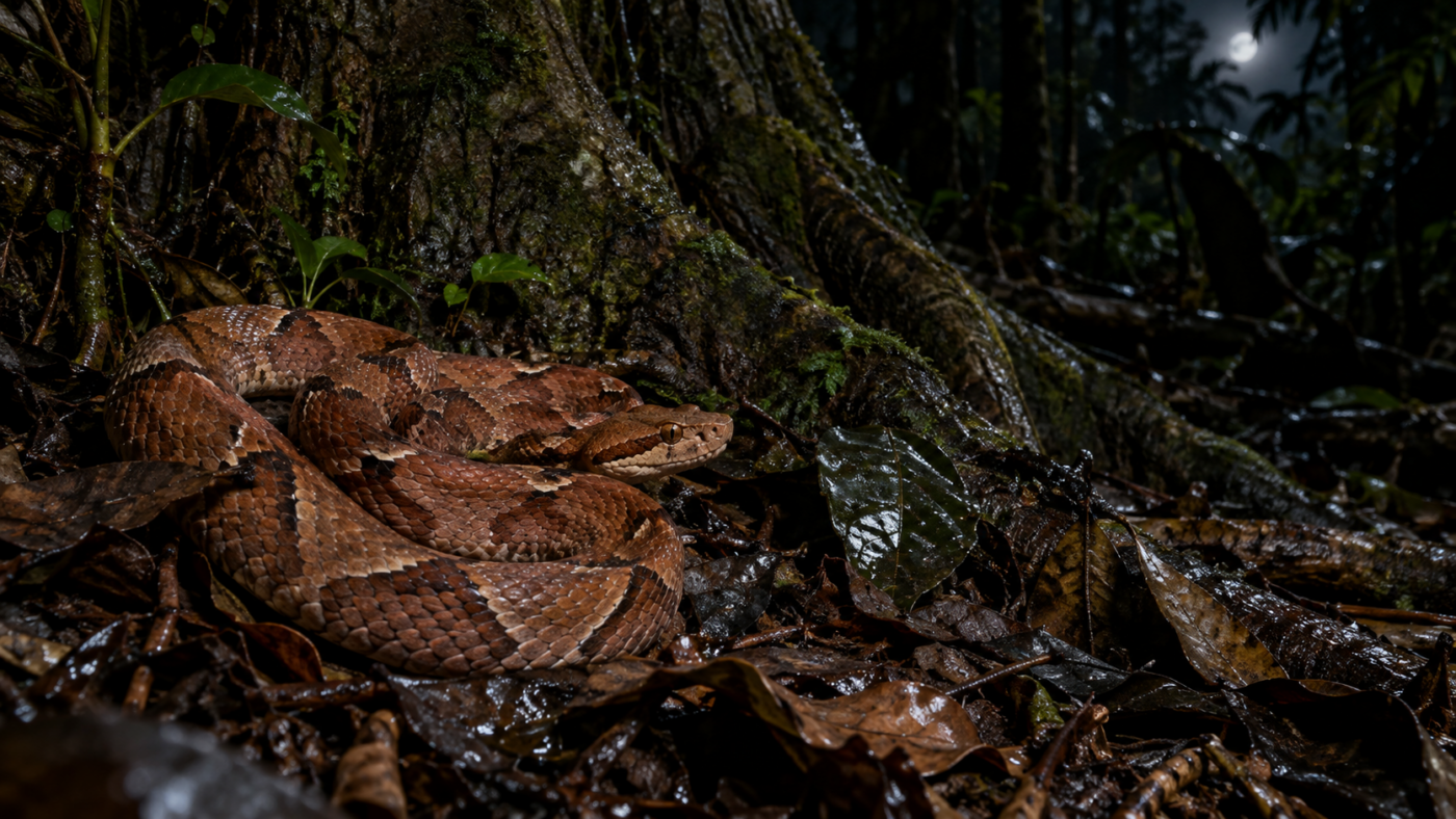 Serpent brun-rougeâtre lové sur la litière humide, la nuit, au pied d’un grand arbre de forêt tropicale.