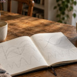 Deux tasses de café vides posées sur une table en bois, l’une un peu à l’écart de l’autre, et un carnet ouvert entre elles couvert de courbes tracées à la main.