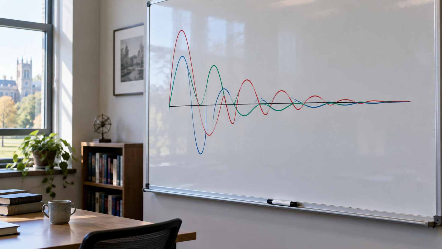 Tableau blanc de bureau universitaire couvert de courbes oscillantes qui montent et redescendent vers une ligne horizontale, un marqueur posé sur la réglette.