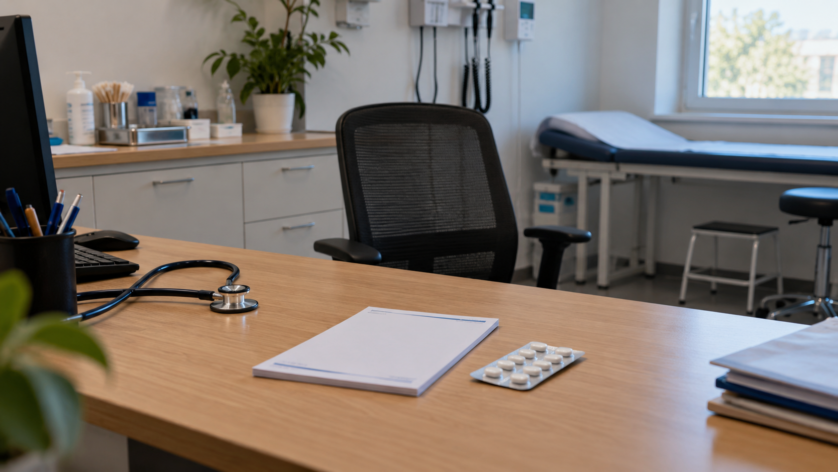 Un cabinet de médecine générale vide, ordonnancier et plaquette de comprimés posés sur le bureau.