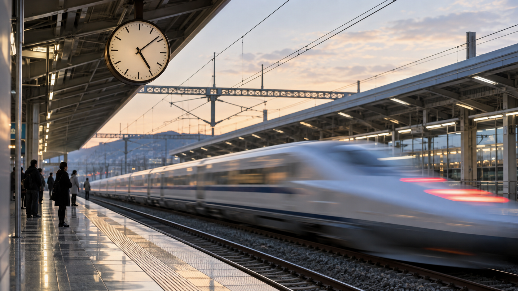 Horloge de quai suspendue au-dessus d’une voie, silhouette floue d’un train à grande vitesse qui s’éloigne