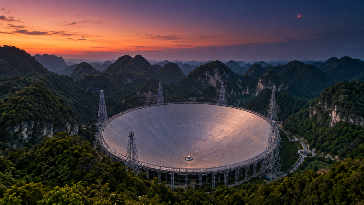 Vue au crépuscule d'une immense antenne radio sphérique posée au creux d'une vallée karstique verdoyante.