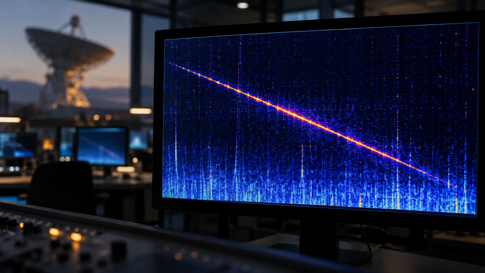 Écran de salle de contrôle affichant un spectrogramme radio traversé d'une fine trace oblique.