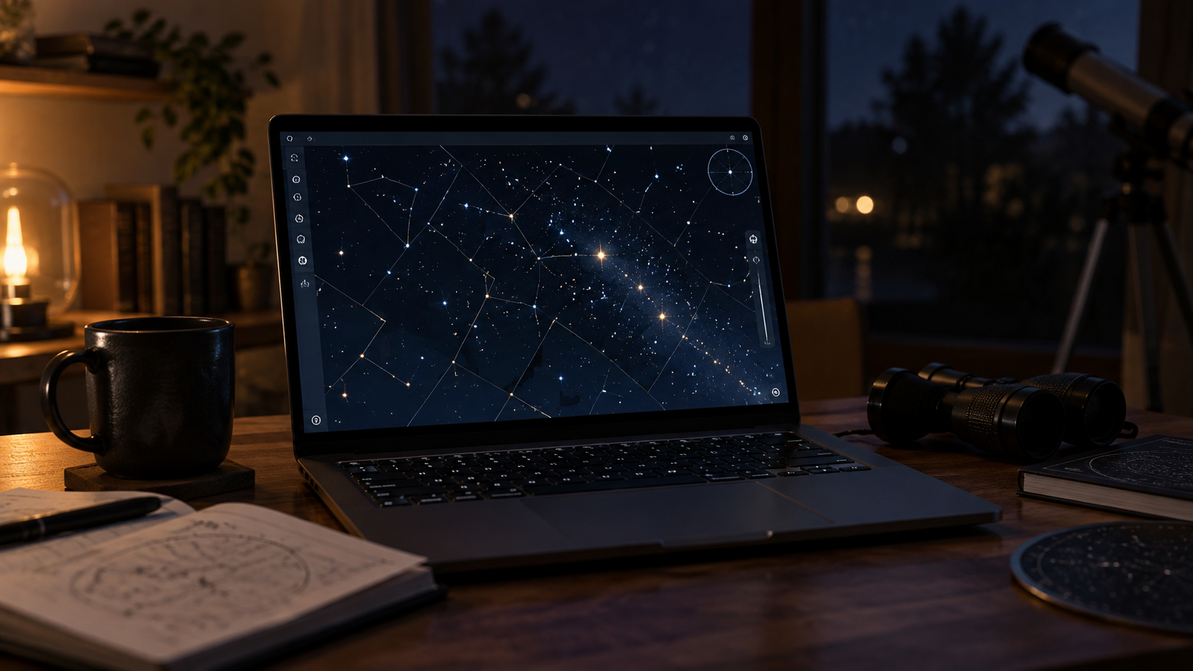Écran d’ordinateur portable posé sur une table en bois la nuit, affichant une carte du ciel aux limites de constellations tracées.