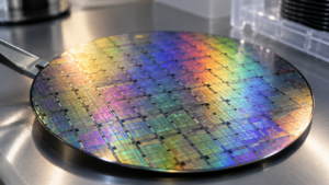 Gros plan sur une galette de silicium aux reflets irisés, éclairée en lumière rasante sur une paillasse.