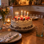 Un gâteau d’anniversaire allumé sur une table de cuisine en bois dressée pour cinq convives.