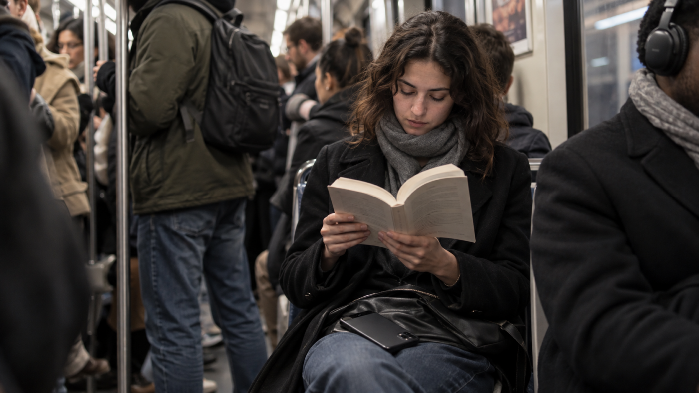 Un passager lit un livre de poche dans une rame de métro bondée, le téléphone posé écran vers le bas sur ses genoux.